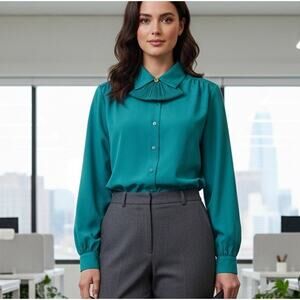 Vintage 80's Judy Bond Turquoise Neck Bow Blouse